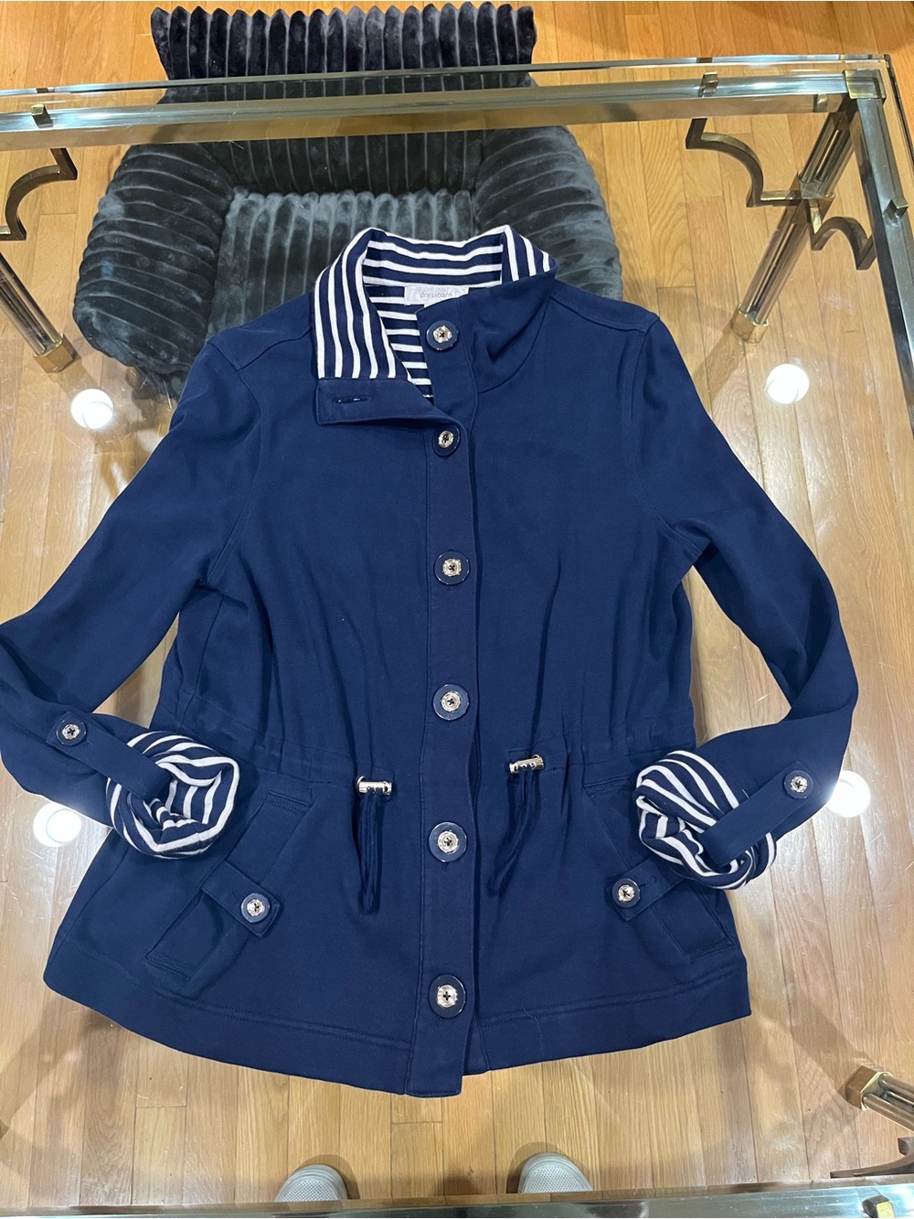 Dress Barn Navy Utility Anorak Jacket with Striped Trim